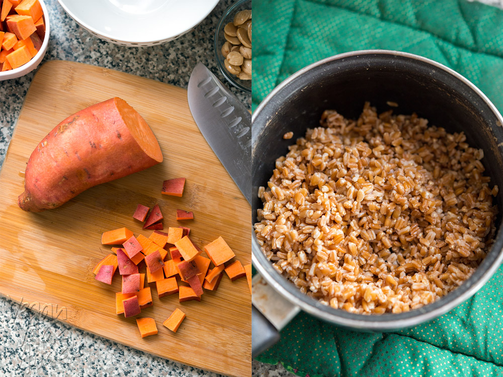 image collage of chopped sweet potatoes and cooked farro