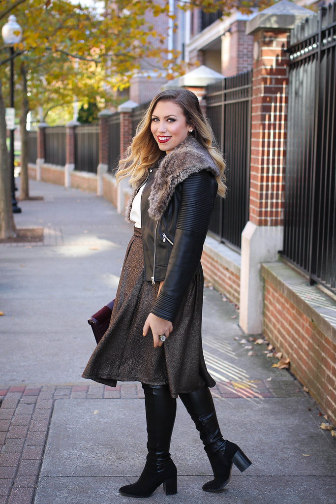 Over the Knee Boots Metallic Midi Skirt Leather Jacket Fur Collar Holiday Outfit Living After Midnite Jackie Giardina