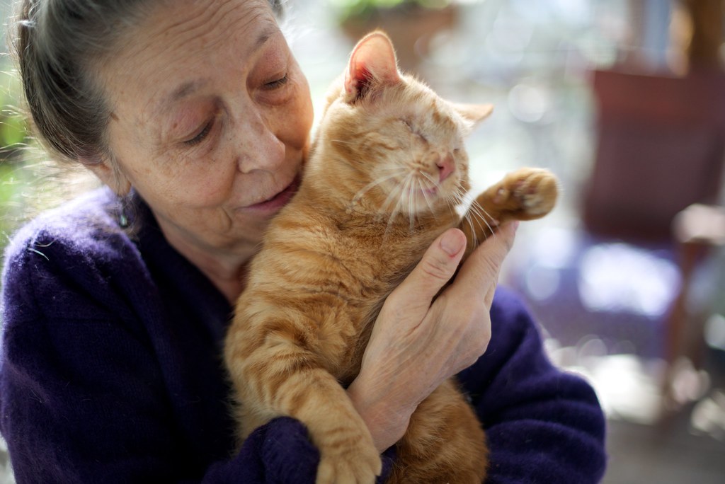 Siglinda holding an orange tabby cat.