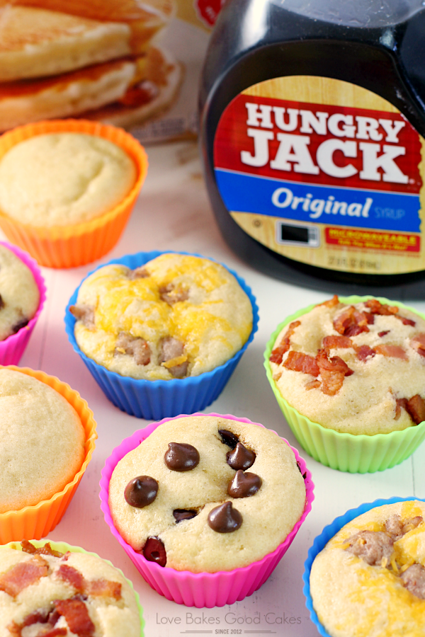 Grab N Go Pancake Muffins with a bottle of Hungry Jack Pancake Syrup.
