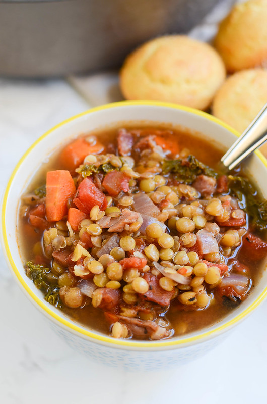 Ham and Lentil Soup - the perfect way to use leftover ham! Ham, lentils, and loaded with veggies. It's quick, inexpensive, and delicious!