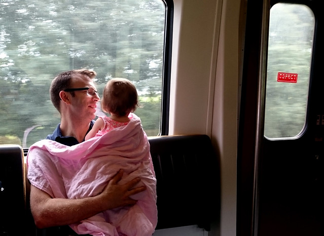 Andy and Paige on a train in Belgium.