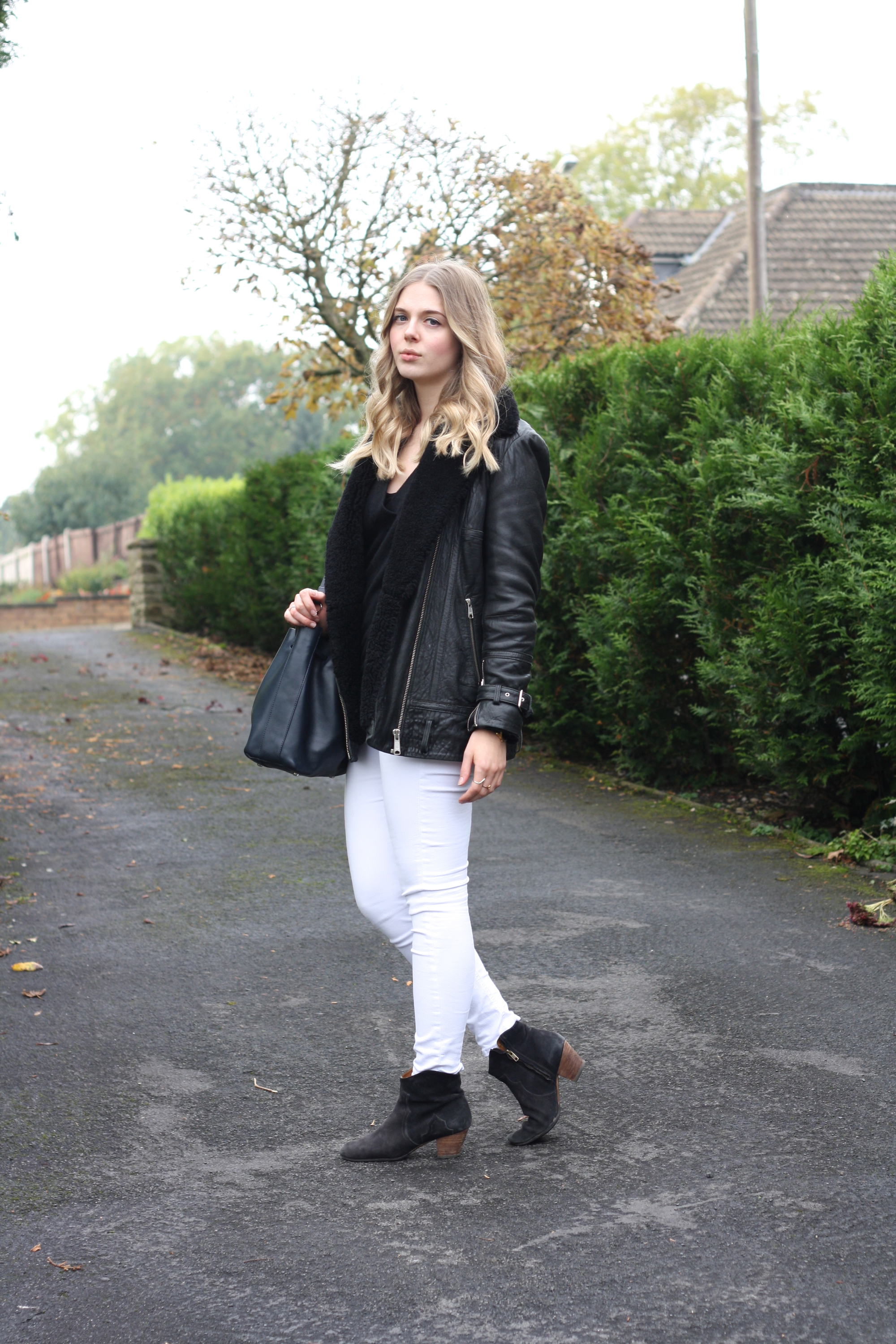 Whistles sheepskin leather jacket, Isabel Marant black ankle boots and Topshop Jamie jeans