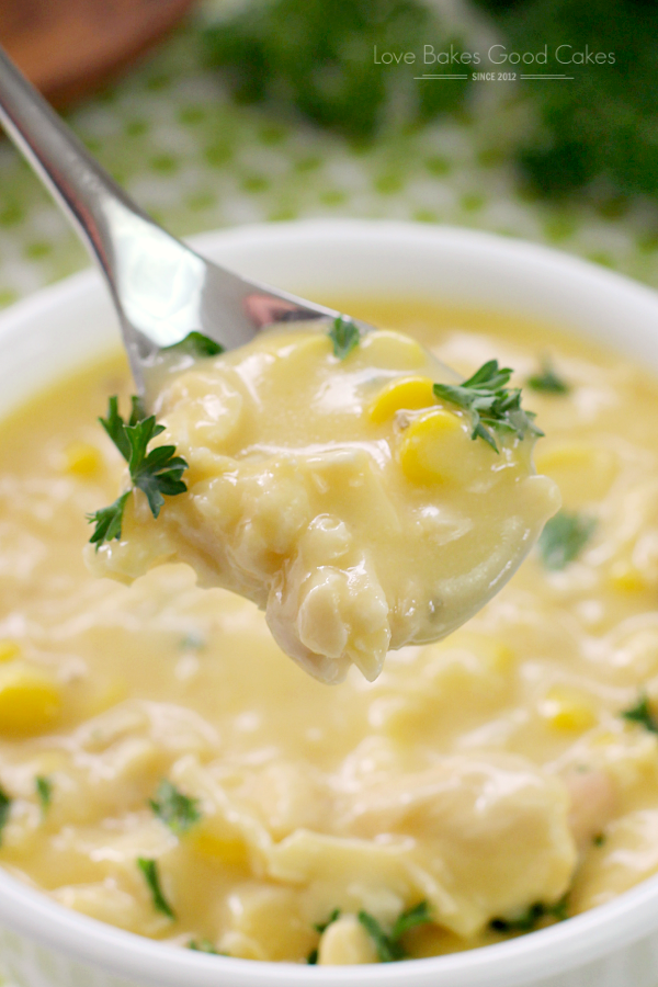 Chicken and Corn Chowder on a fork close up.