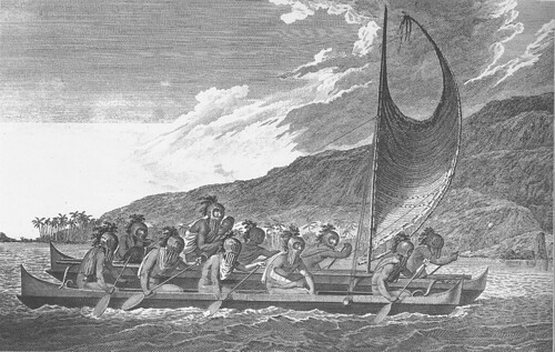 南島語族有優異的造船及航海術。圖為西方傳教士於夏威夷首次邂逅原住民時所繪。圖片來源：維基百科。