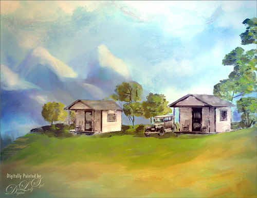 Painted Image of Tourist Cabins in the Mountains