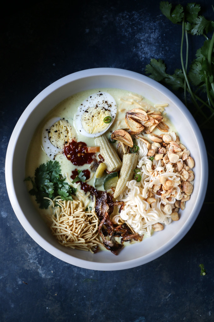 Vegetarian Khow Suey- Lightly Spiced Coconut Milk Curry with noodles and Condiments