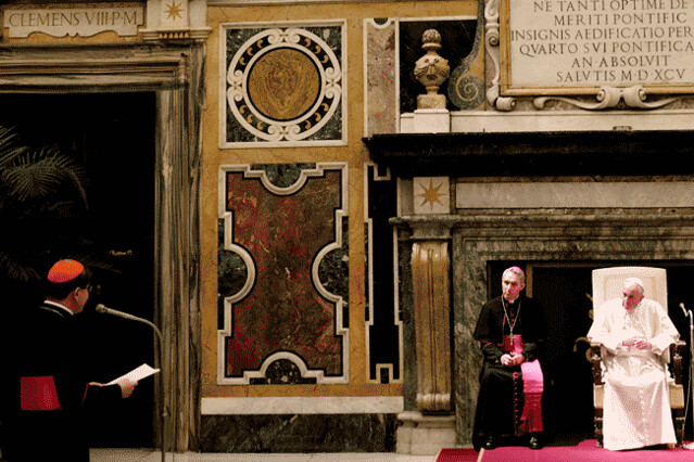 Cardinal Tagle, at the beginning of Caritas audience with Pope Francis. Photo by Nicholson/Caritas