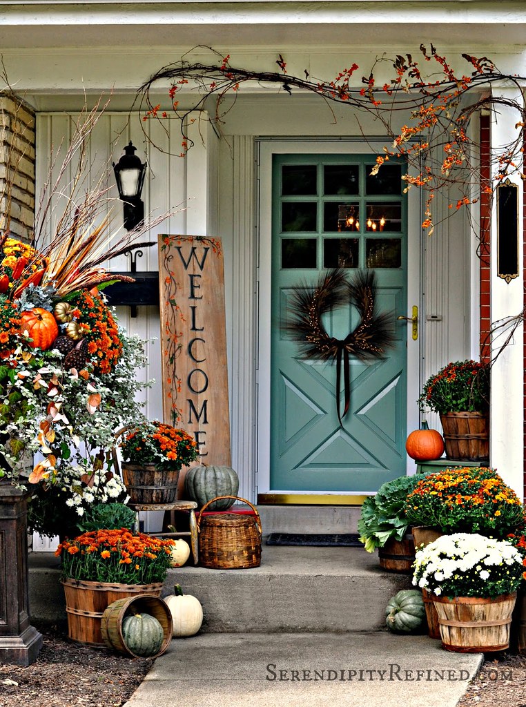 Fall Autumn Porch Decorating Idea Welcome Sign Mums Pumpkins Orange Turquoise White