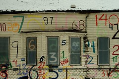 A house spray-painted with a bunch of random numbers.
