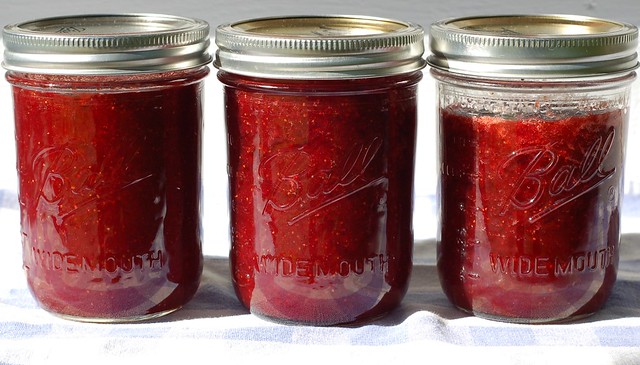 Three pints of homemade strawberry jam by Eve Fox, Garden of Eating blog, copyright 2012