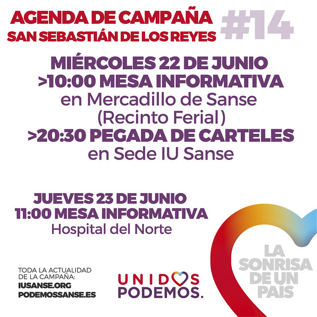 Agenda de Campaña #UnidosPodemos San Sebastián de los Reyes para las elecciones del 26J - Días 22 y 23 de Junio