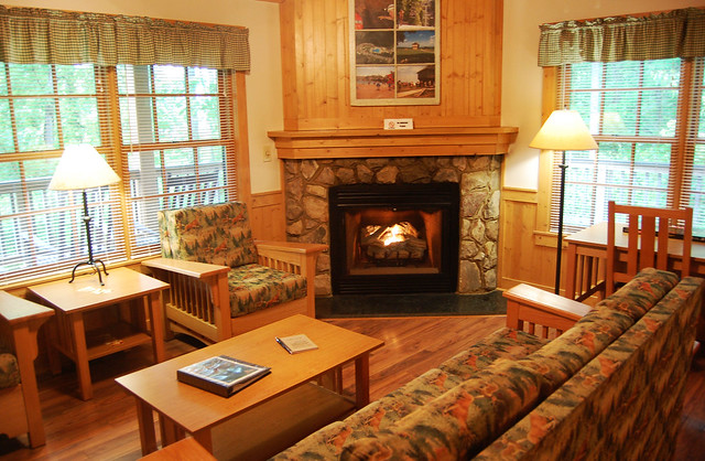 Cabin 1 is a two bedroom cabin at Natural Tunnel State Park with a gas fireplace