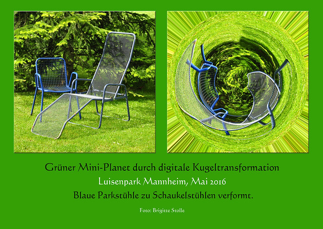 Grüner Miniplanet durch digitale Kugeltransformation Luisenpark Mannheim Mai 2016 digitales Fotolabor Polarkoordinatenfilter Foto Brigitte Stolle Mannheim 2016