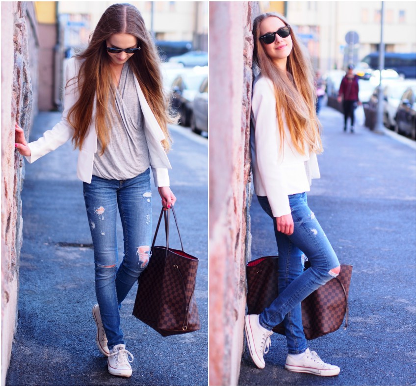 studying in university, summer styling with white blazer with distressed jeans