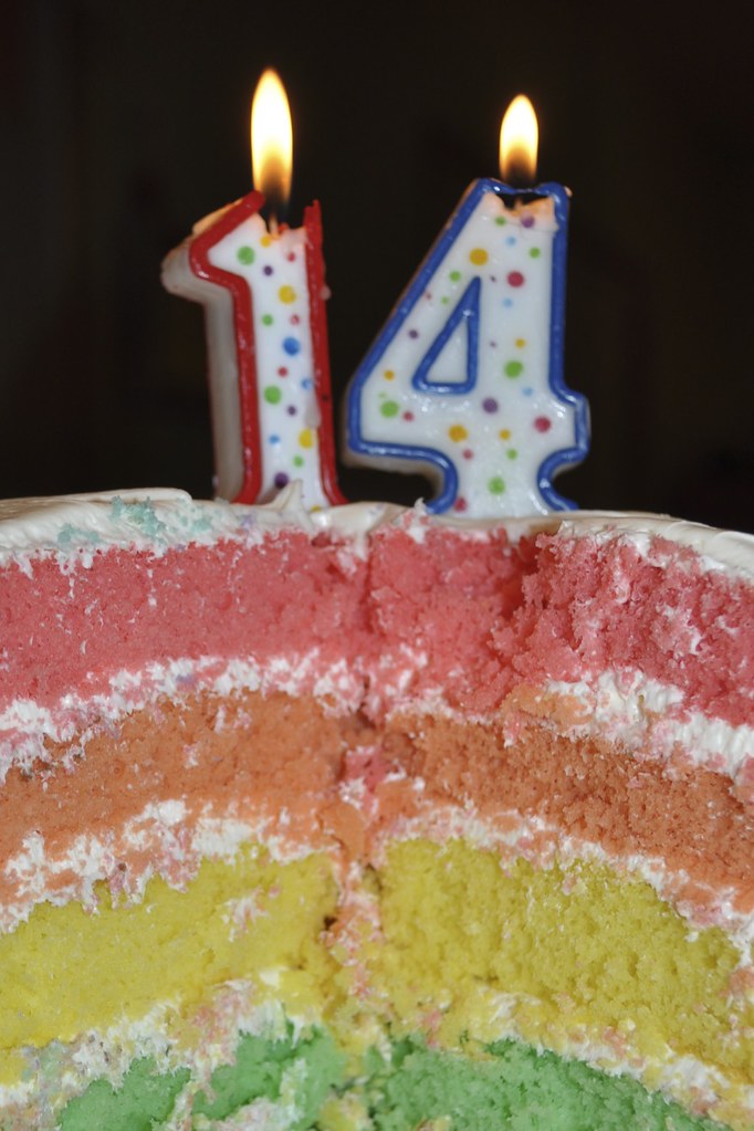 14 candles on rainbow cake Rainbow cake with 14 candles Flickr
