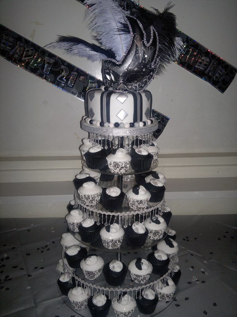Black, white and silver Masquerade 21st birthday cake and … | Flickr