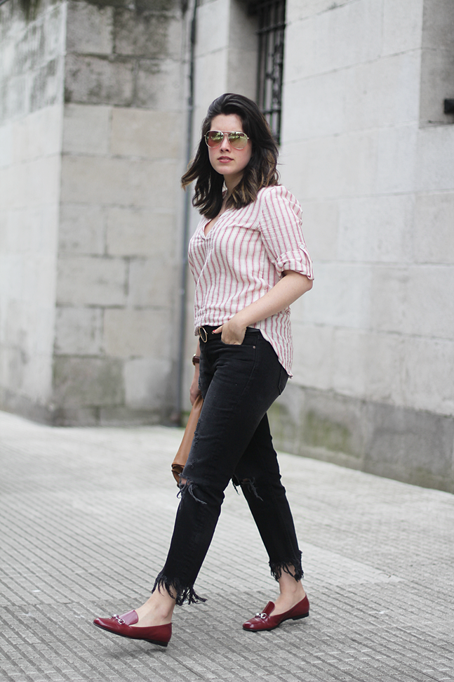 Gucci loafers with frayed jeans zara striped shirt red spring lunch bag myblueberrynightsblog