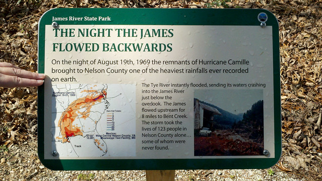 Hurricane Camille marker at the Tye River Overlook at James River State Park in Virginia