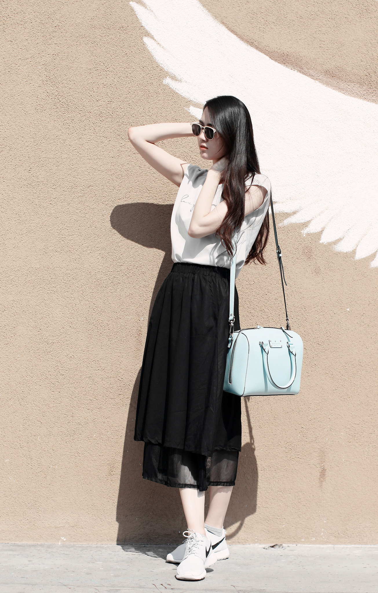 9833-black-midi-skirt-live-your-dream-chiffon-blouse-korean-summer-fashion