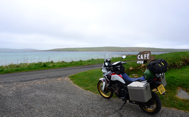Africa Twin at cafe in Moaness, Hoy, Orkney.