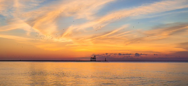 Sunrise, Clouds, Lake Michigan, Lighthouse, Kewaunee