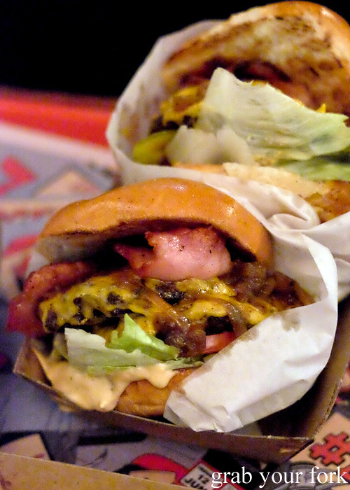 Double cheeseburger Tiger-style with bacon from Down-N-Out at the Sir John Young Hotel, Sydney