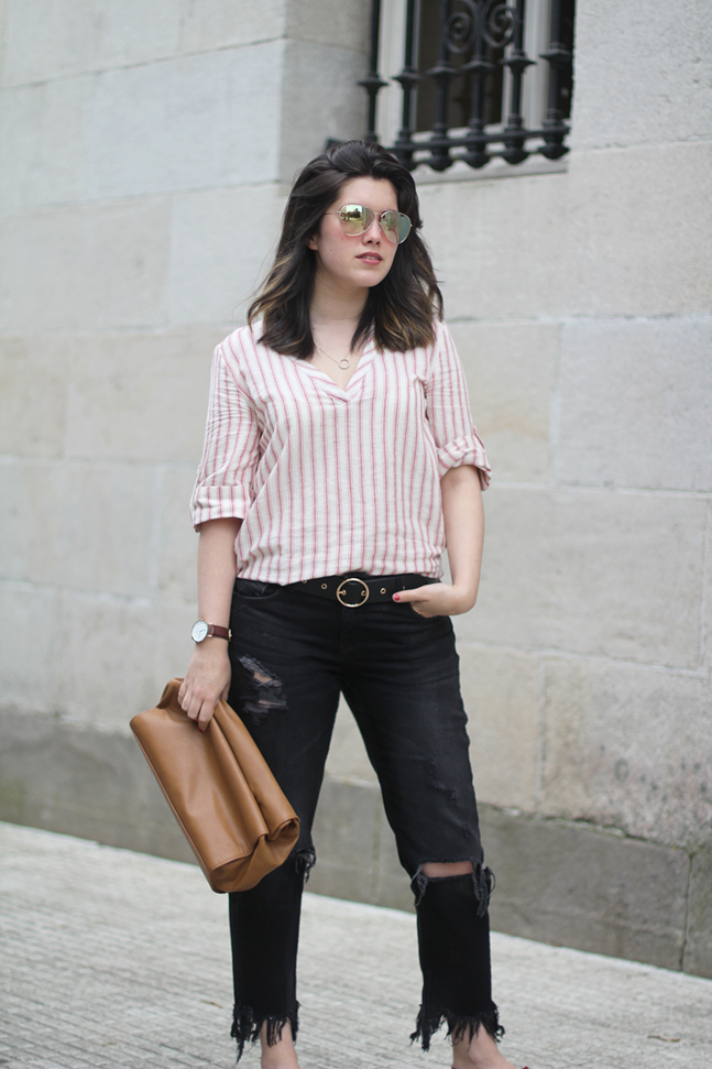 Gucci loafers with frayed jeans zara striped shirt red spring lunch bag myblueberrynightsblog