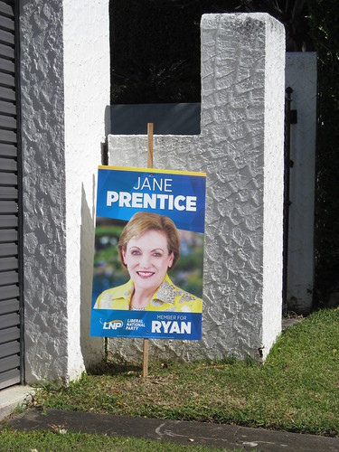 Campaign sign for Jane Prentice, Member of the Australian House of Representatives for Queensland's Ryan electoral division, seen in front of a home in Toowong, Brisbane, Queensland.