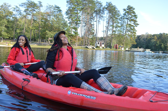 Friends having fun while kayaking at Bear Creek Lake State Park, Virginia