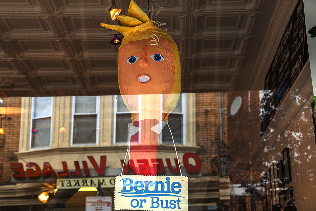 Trump pinata with BERNIE OR BUST sign--near South Street