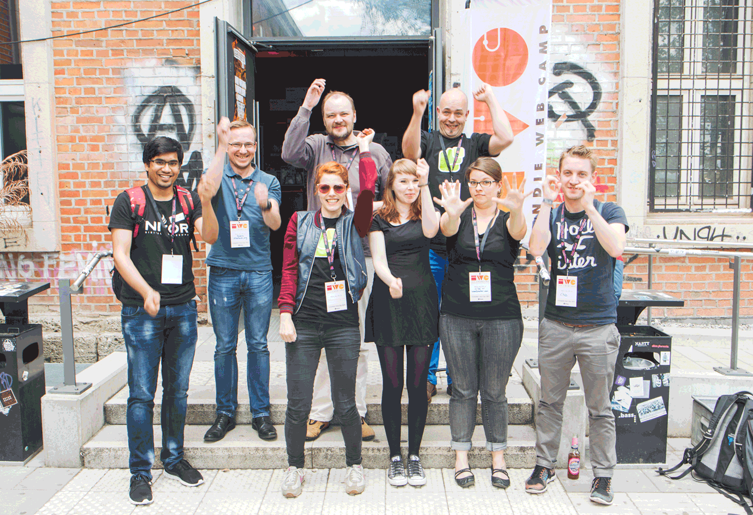 Photograph of IndieWeb Hack Day participants at openSUSE conference at Z-Bau Nuremberg