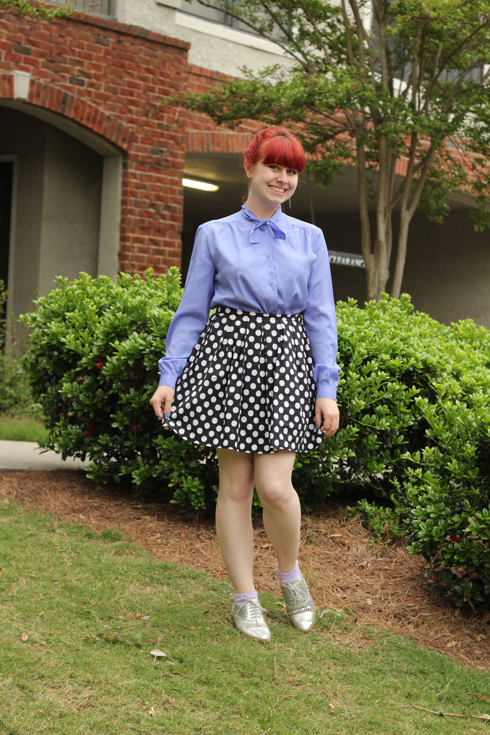 navy blue polka dot skirt outfit