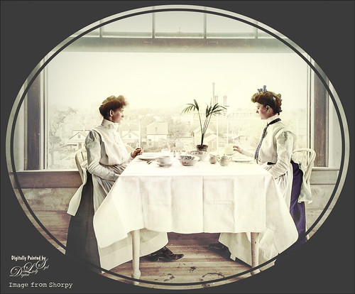 Vintage image of ladies chatting at lunch