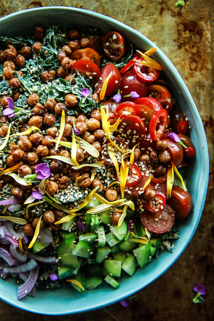 Tahini Kale Salad with Crispy Chickpeas- Vegan from HeatherChristo.com