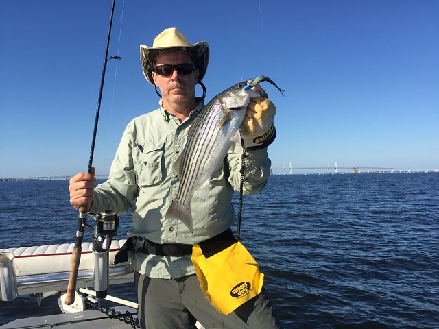 Photo by Travis Long, Jay Berry showing a striped bass