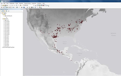 This picture displaces a map of North America with locality data of specimen catches throughout. 