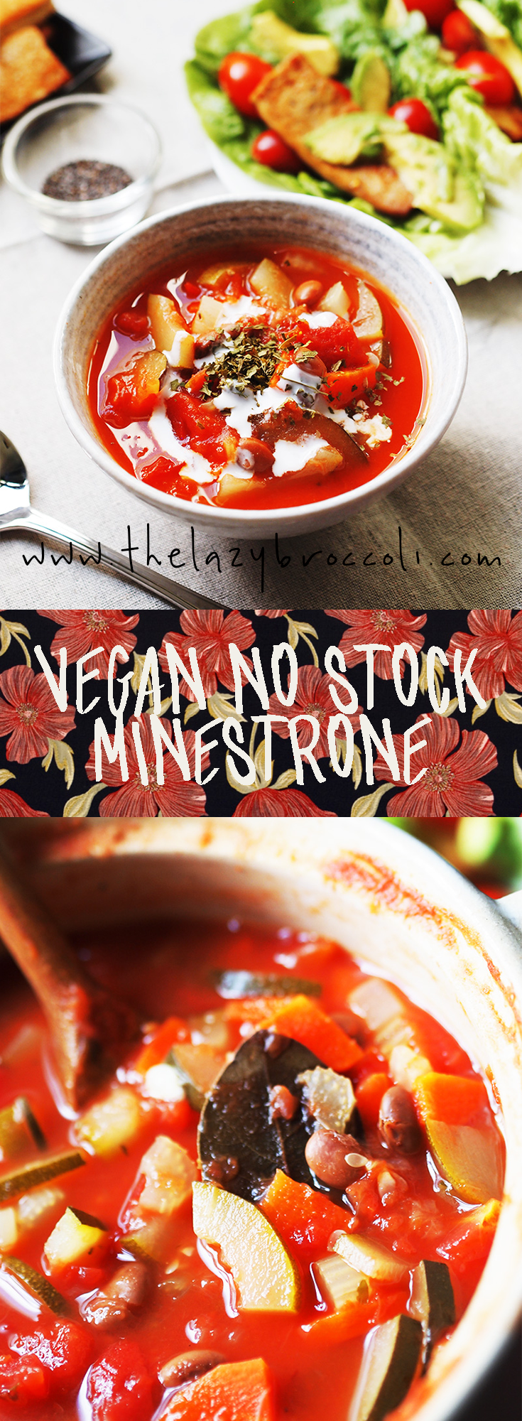 this vegan no stock minestrone is so easy and delicious! #vegan #nostock #minestrone #lowcarb #glutenfree #noonionnogarlic #vegetarian #thelazybroccoli #soup #recipe