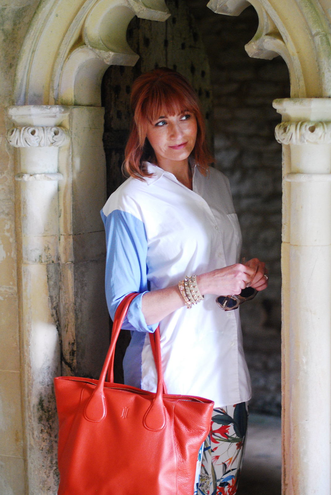 Summer style: Two-tone button up shirt, tropical print pants, orange tote, embellished sneakers (Painswick Rococo Garden, the Cotswolds) | Not Dressed As Lamb, over 40 style