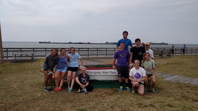 James Madison University students pose for a group photo at the park's fishing pier.