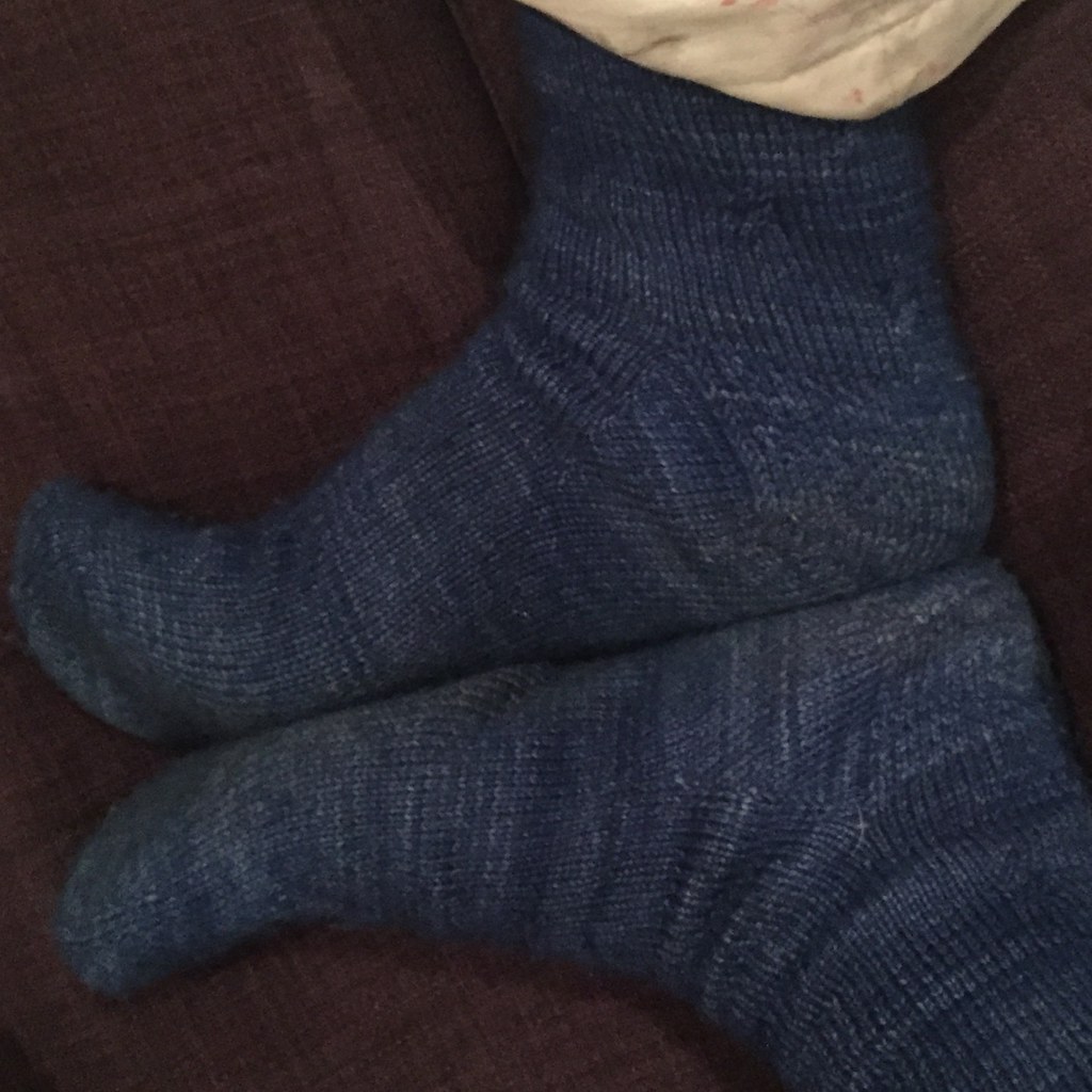 tip top toe socks knit in biscotte cie felix blue yarn