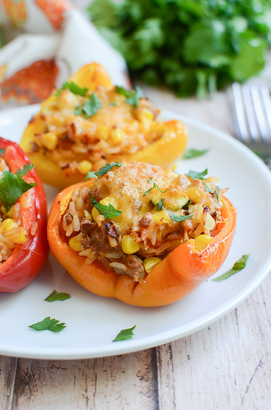 Grilled Stuffed Peppers - quick and healthy dinner! Stuffed with ground turkey, rice, fresh corn, and zucchini!