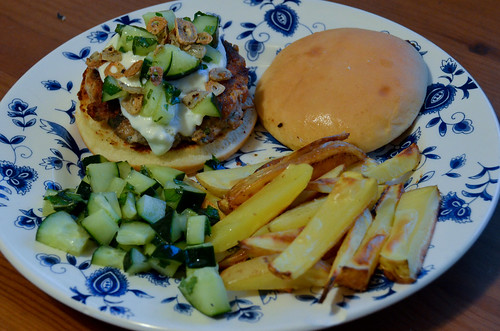 Za'atar Chicken Burgers & Oven Fries with Feta-Labneh Spread & Garlic Chips