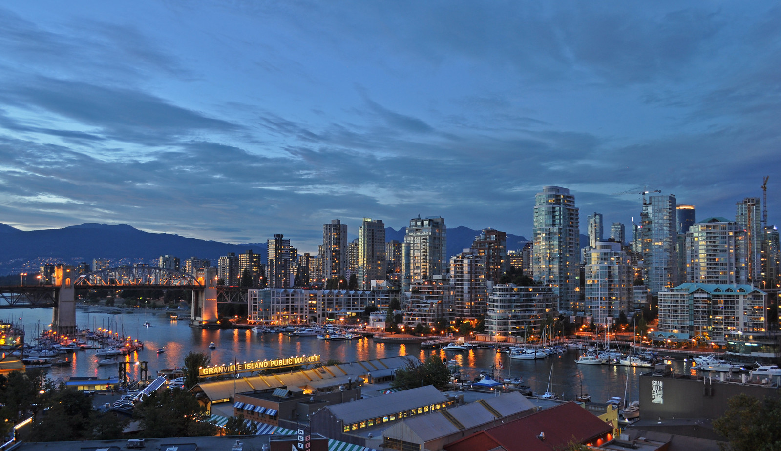 The Vancouver skyline during the blue hour. One of the best times to visit is April.