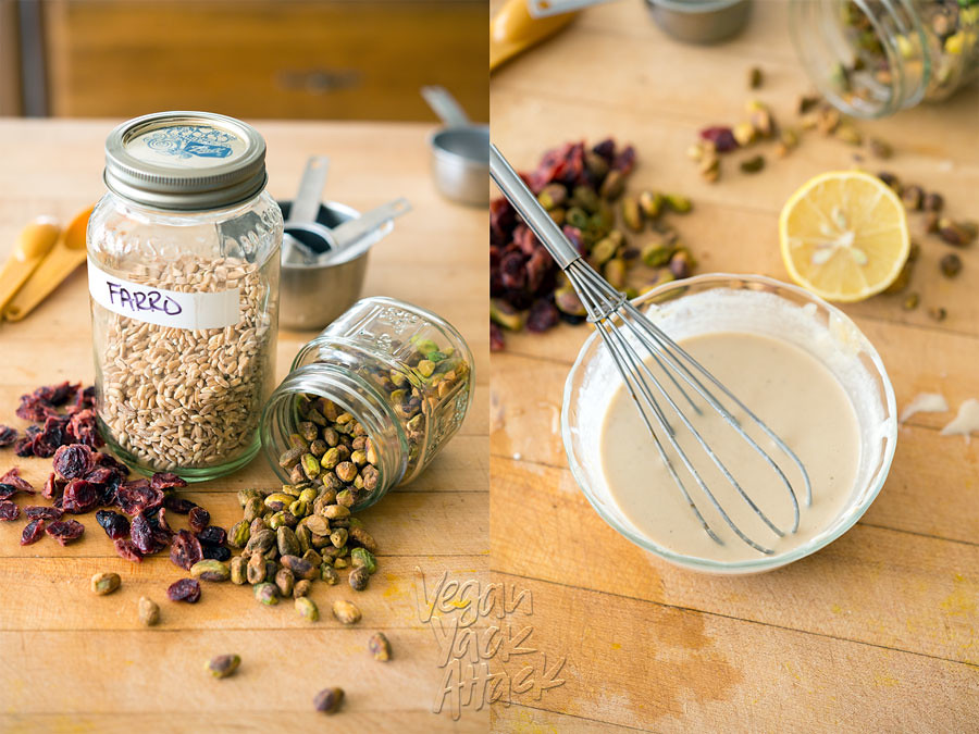 image collage of farro, cranberries, pistachios, and tahini sauce
