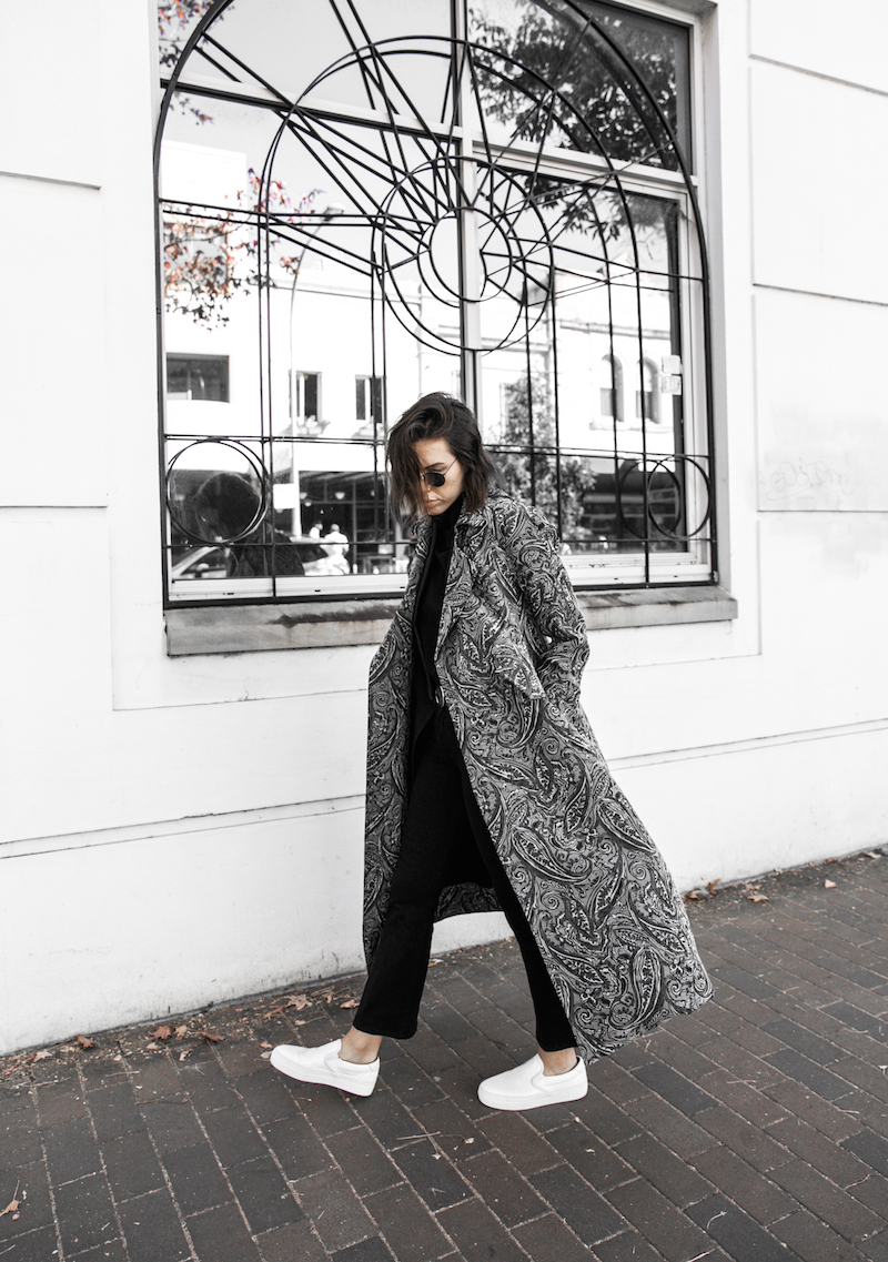 NAKED VICE x MODERN LEGACY affordable luxury bag chain celine like sneakers Ellery paisley coat outfit street style inspo