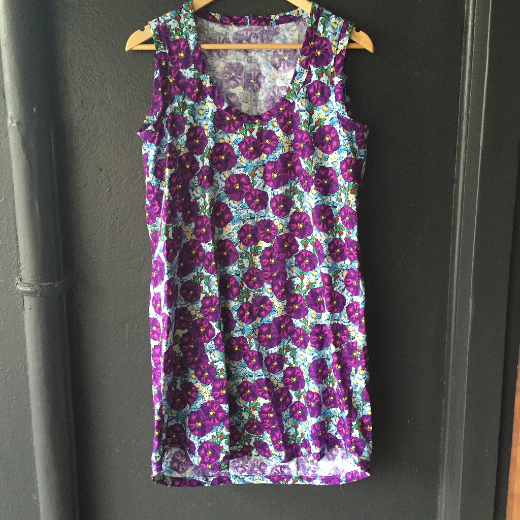 wiksten tank dress sewn in a purple floral cotton purchased from spotlight on sale