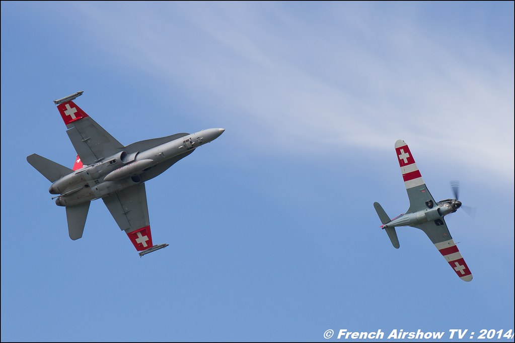 F/A-18C Hornet J-5014 Schweizer Luftwaffe 100 ans de l'aviation militaire suisse & Morane-Saulnier MS.406 D-3801 , J-143 , AIR14 Payerne , suisse , weekend 1 , AIR14 airshow , meeting aerien 2014 , Airshow