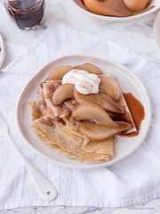 Spelt Crepes Mulled Wine Poached Pears
