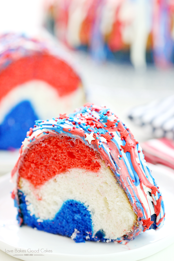 Firecracker Cake on a plate with red, white and blue spinkles.